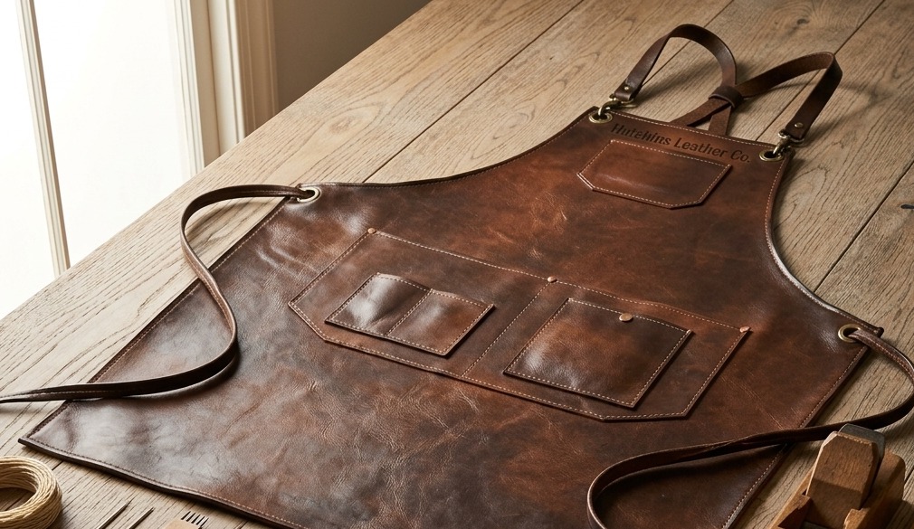 The full-grain leather apron laid flat